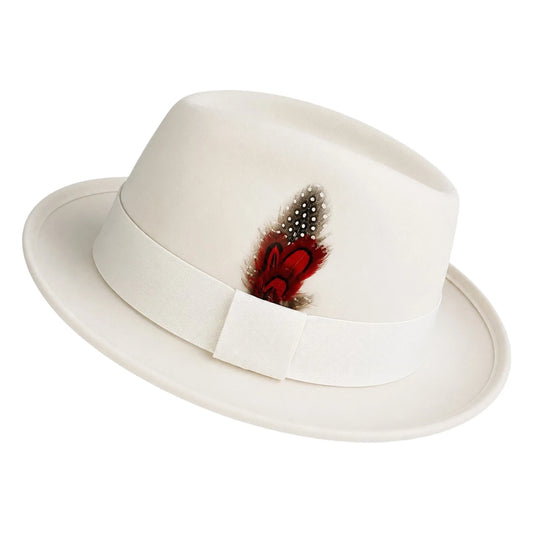 Downtown Hats White Wool Felt Fedora Hat with Feather Accent