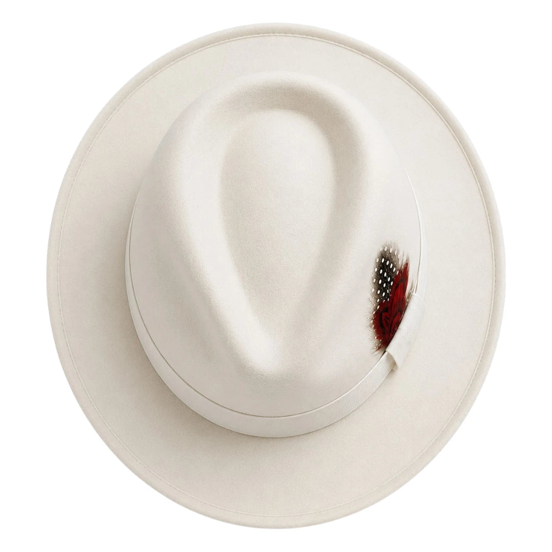 Downtown Hats White Wool Felt Fedora Hat with Feather Accent