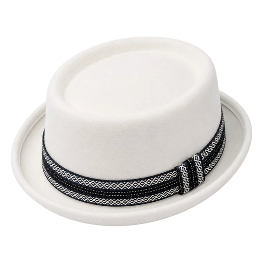 Downtown Hats White Wool Felt Pork Pie Hat with Geometric Band
