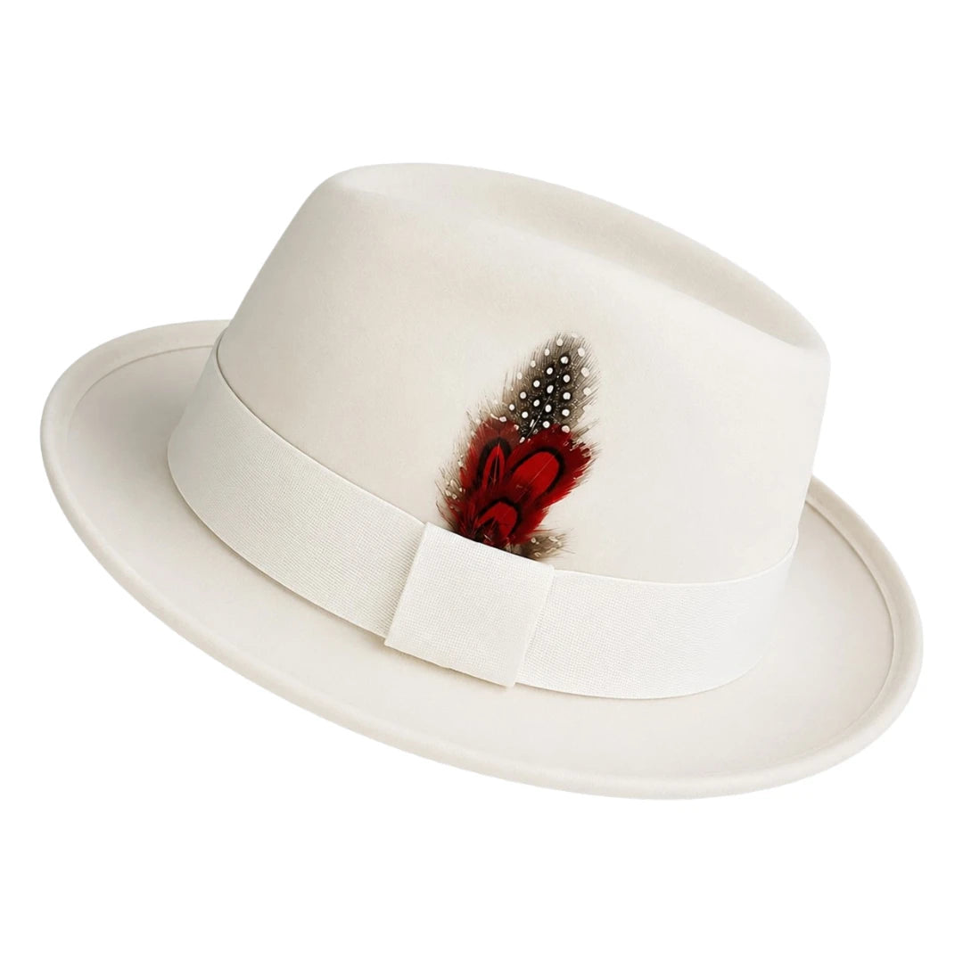 Downtown Hats White Wool Felt Fedora Hat with Feather Accent