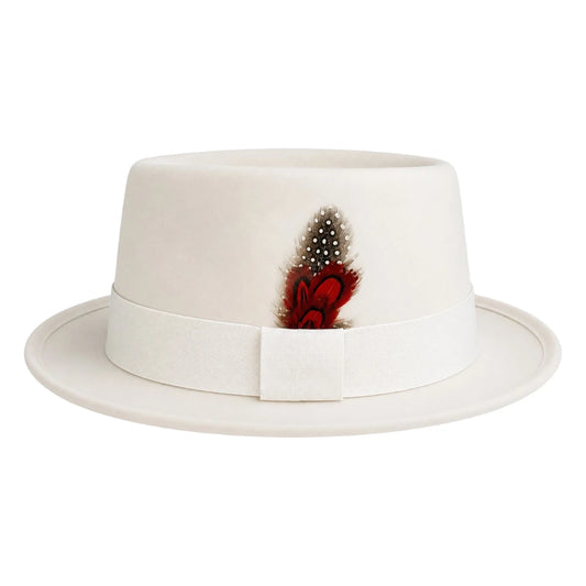 Downtown Hats White Wool Felt Fedora Hat with Feather Accent