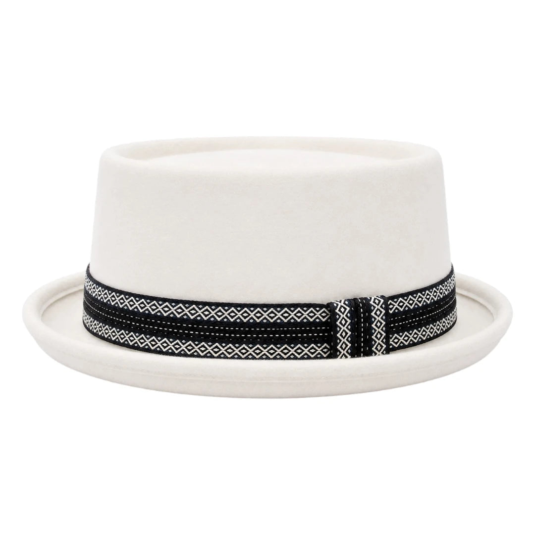 Downtown Hats White Wool Felt Pork Pie Hat with Geometric Band