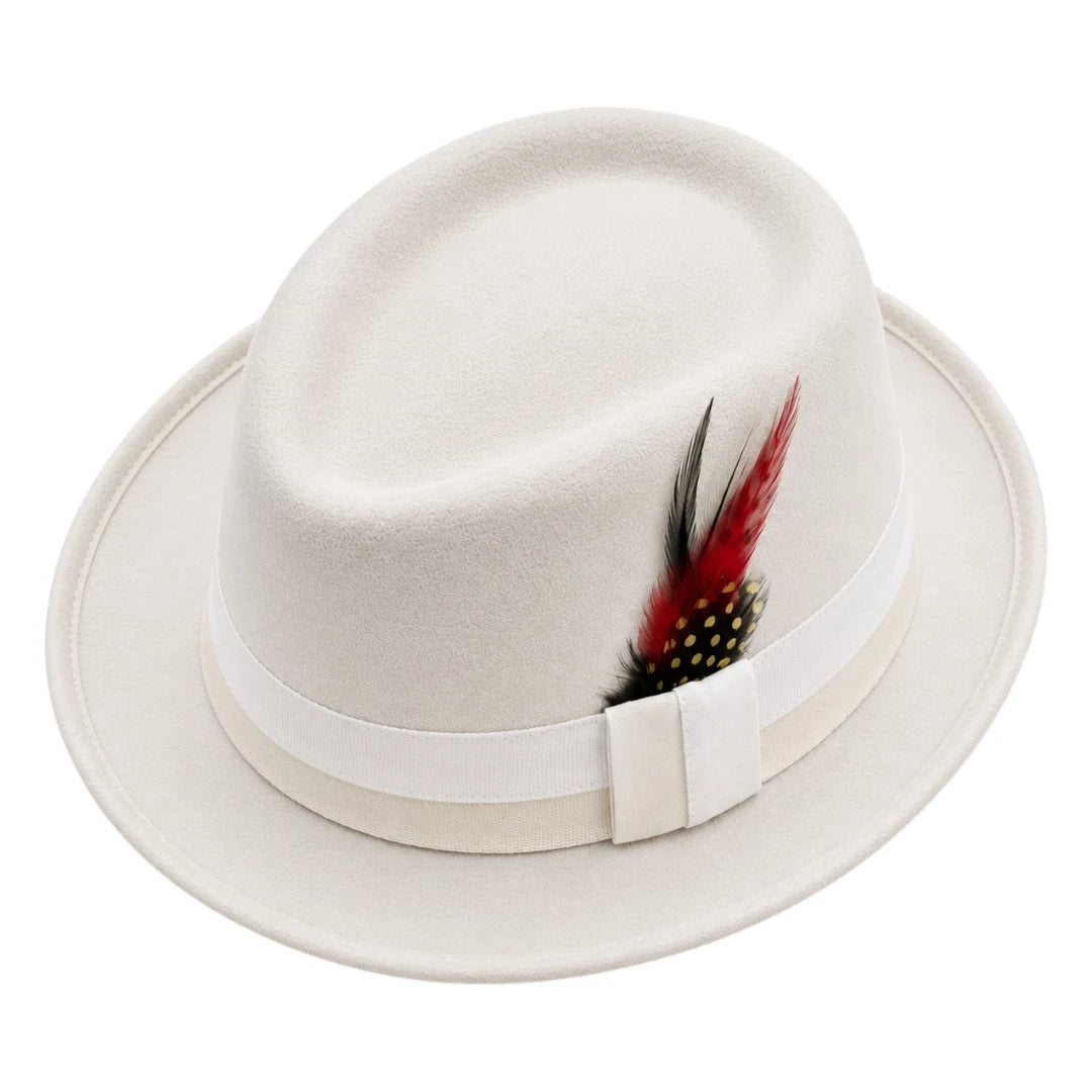 Downtown Hats White Wool Hat with Feather Accent