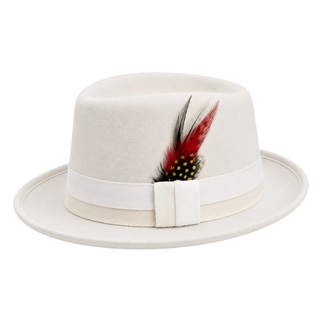 Downtown Hats White Wool Hat with Feather Accent